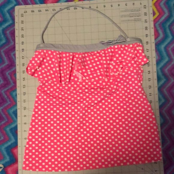 Arizona Jean Tankini ruffles size large/halter strap polka dots/ pink and white - Picture 2 of 10